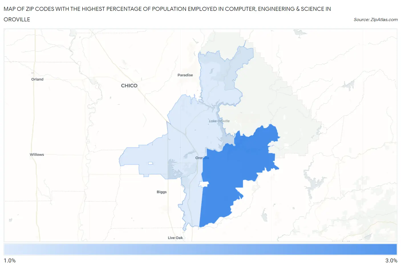 Zip Codes with the Highest Percentage of Population Employed in Computer, Engineering & Science in Oroville Map