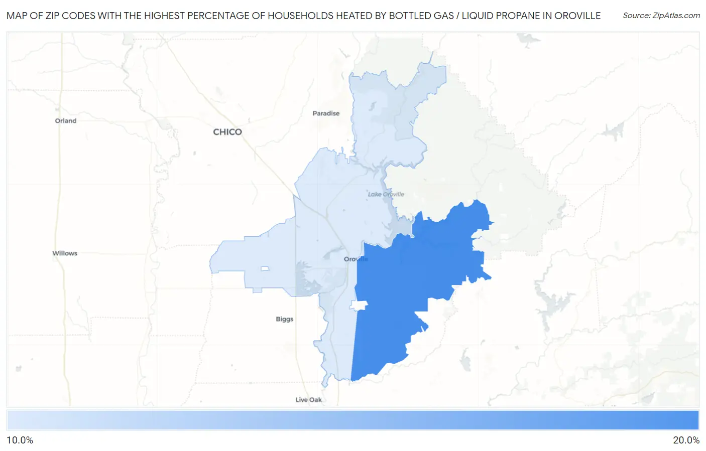 Zip Codes with the Highest Percentage of Households Heated by Bottled Gas / Liquid Propane in Oroville Map