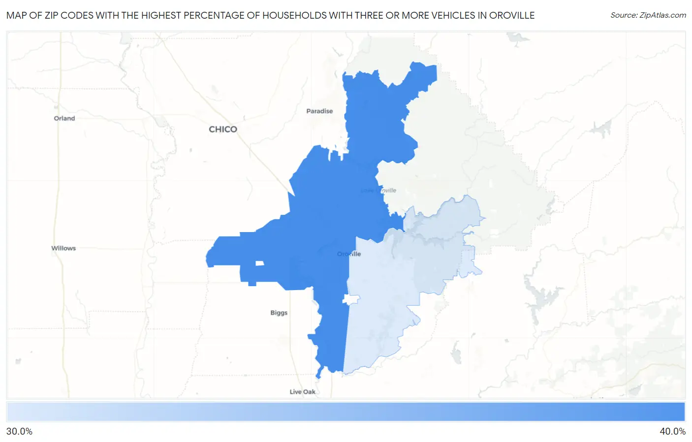 Zip Codes with the Highest Percentage of Households With Three or more Vehicles in Oroville Map