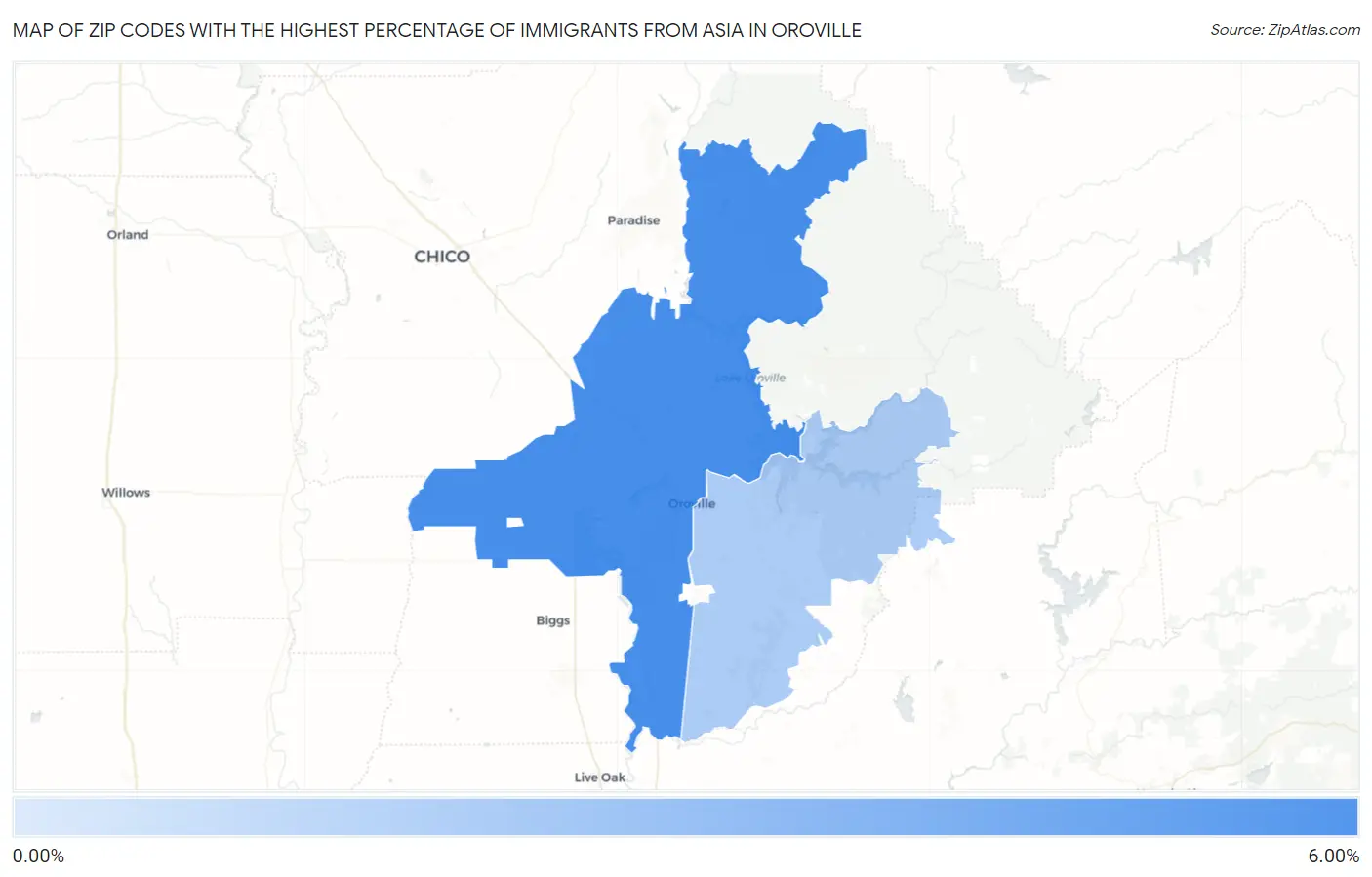 Zip Codes with the Highest Percentage of Immigrants from Asia in Oroville Map