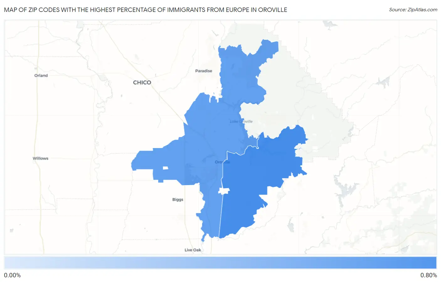 Zip Codes with the Highest Percentage of Immigrants from Europe in Oroville Map