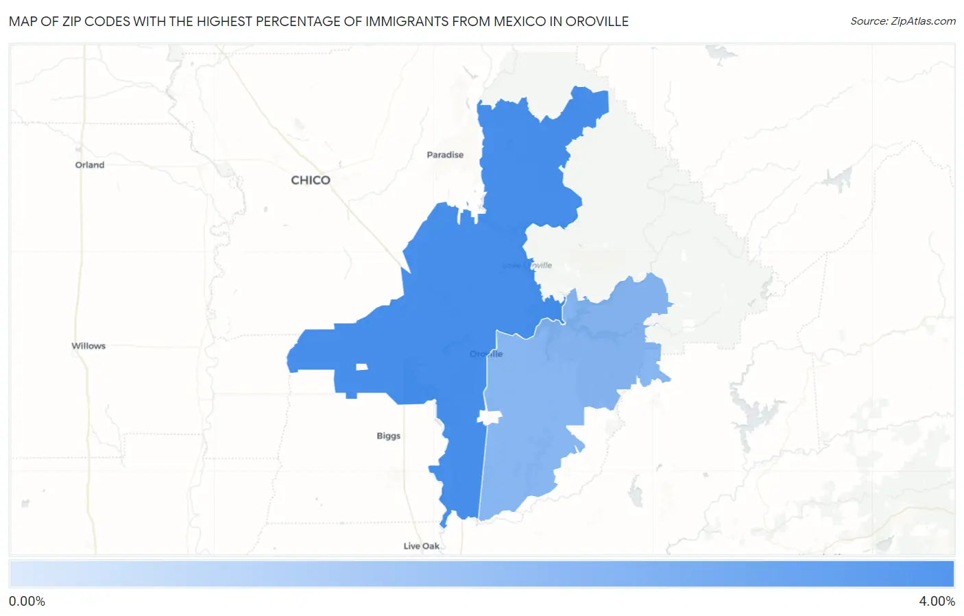 Zip Codes with the Highest Percentage of Immigrants from Mexico in Oroville Map