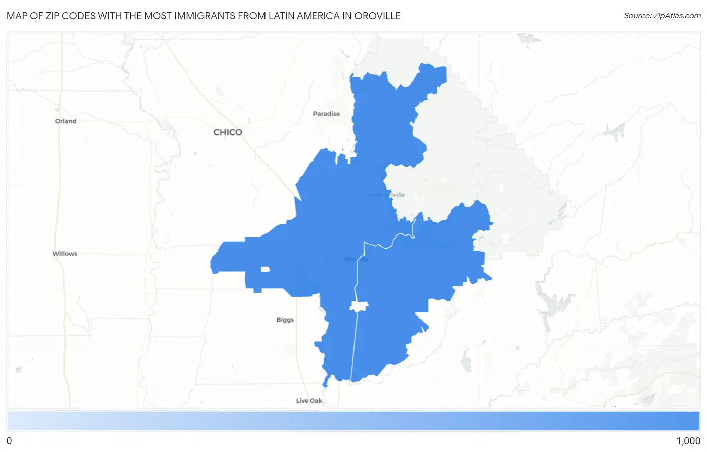 Zip Codes with the Most Immigrants from Latin America in Oroville Map