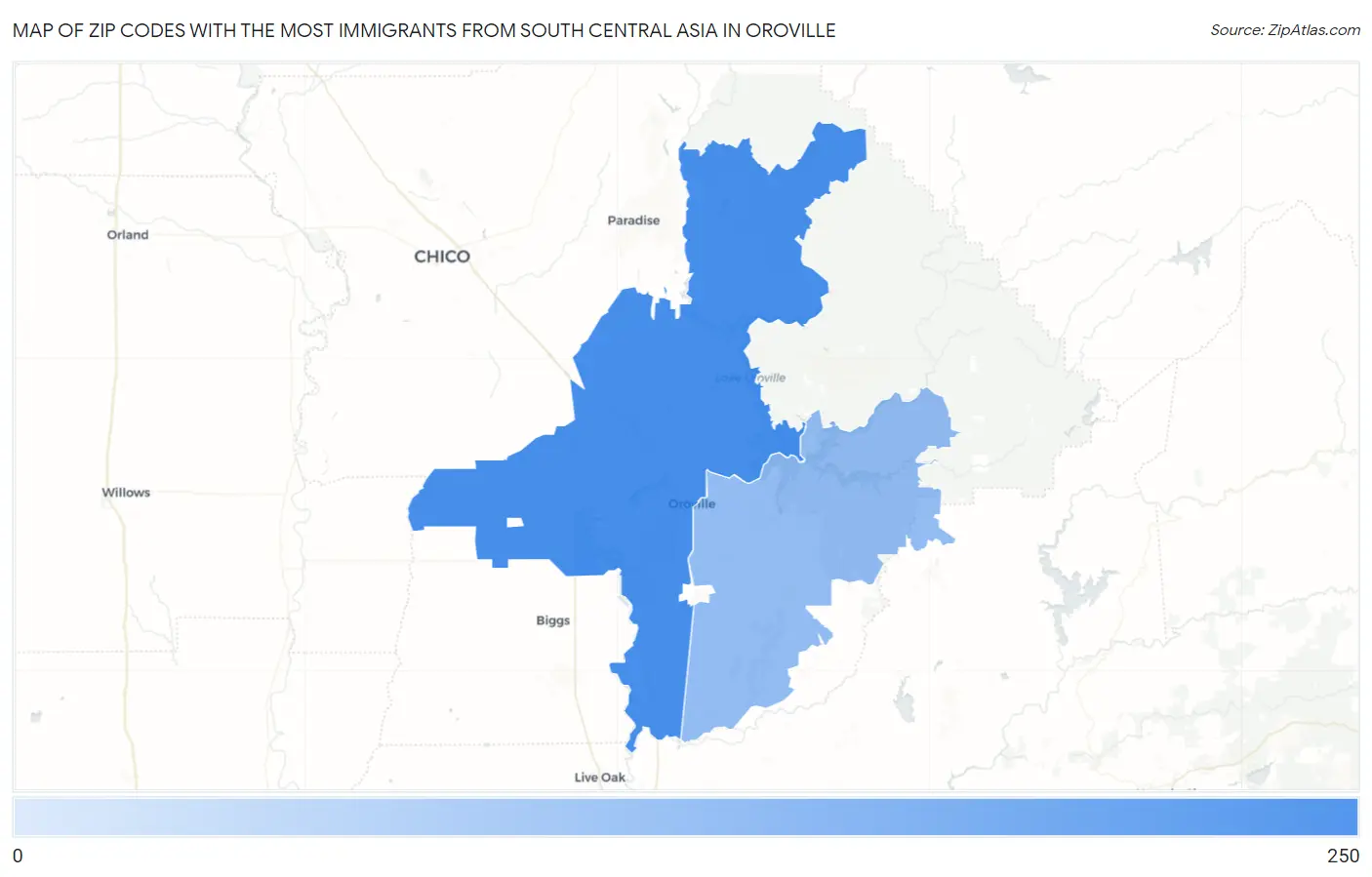 Zip Codes with the Most Immigrants from South Central Asia in Oroville Map