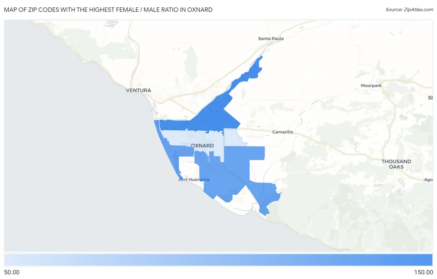 Zip Codes with the Highest Female / Male Ratio in Oxnard Map