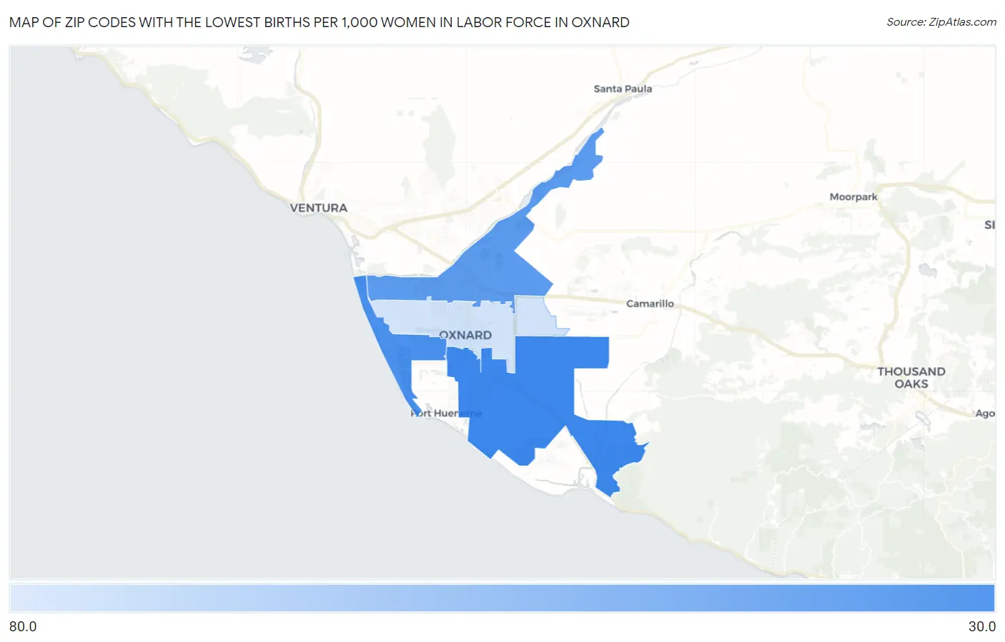 Zip Codes with the Lowest Births per 1,000 Women in Labor Force in Oxnard Map