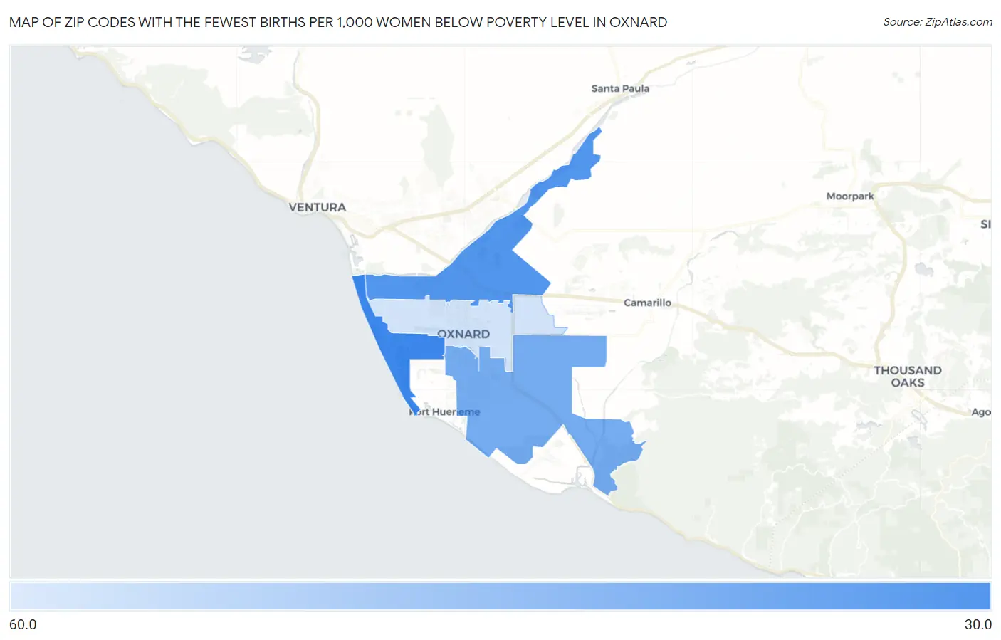 Zip Codes with the Fewest Births per 1,000 Women Below Poverty Level in Oxnard Map