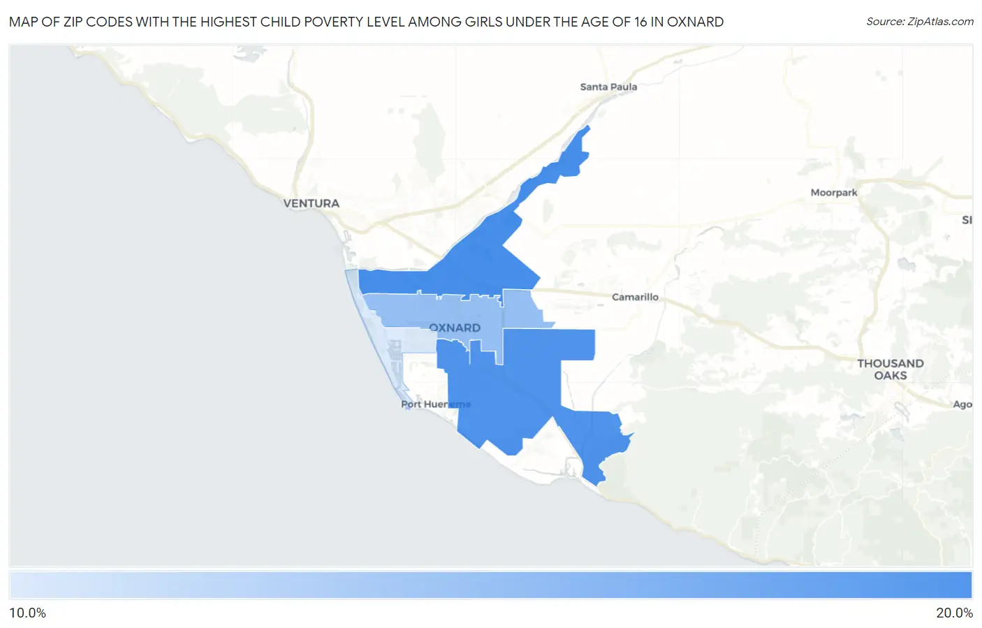 Zip Codes with the Highest Child Poverty Level Among Girls Under the Age of 16 in Oxnard Map