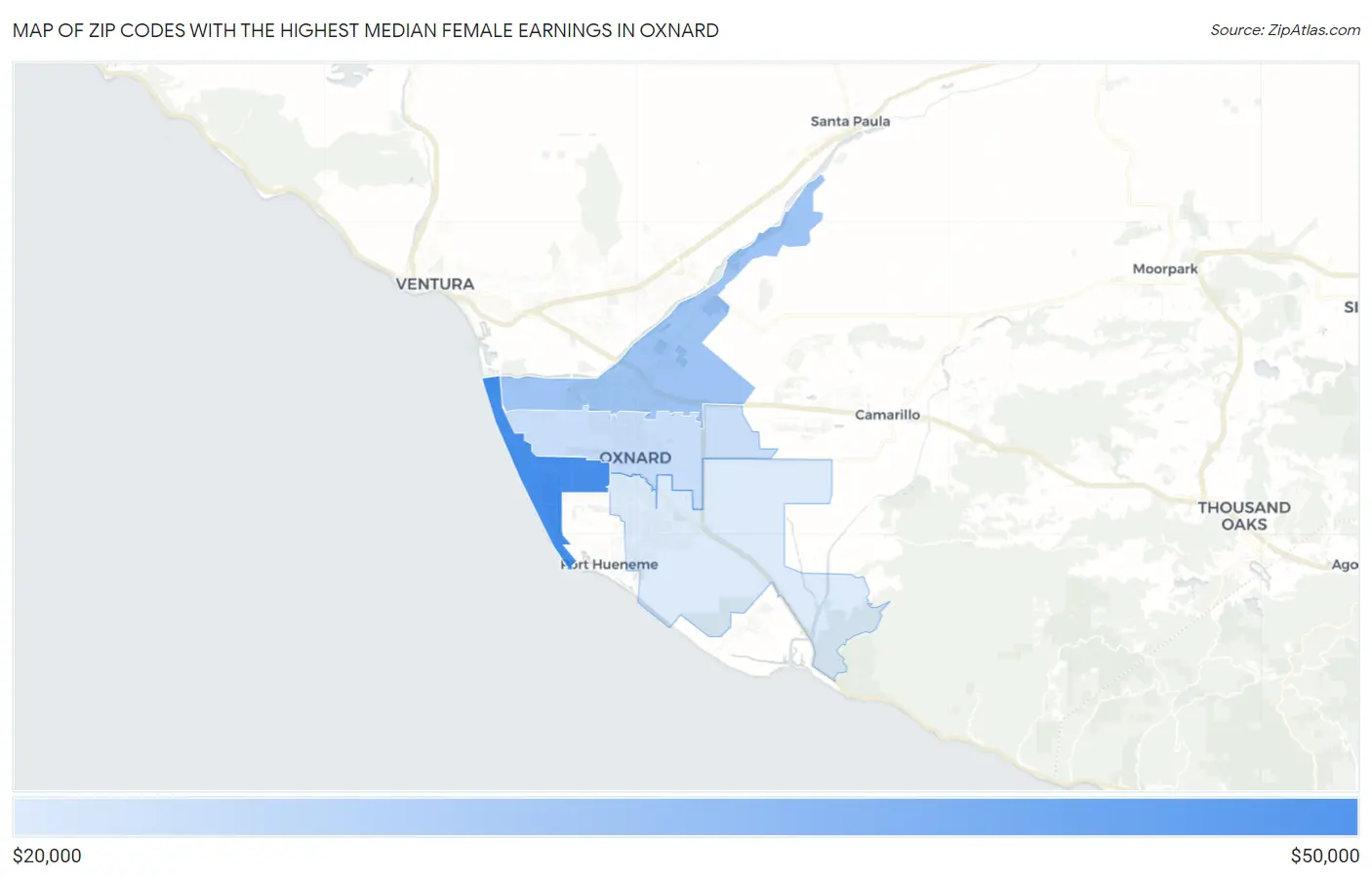 Zip Codes with the Highest Median Female Earnings in Oxnard Map