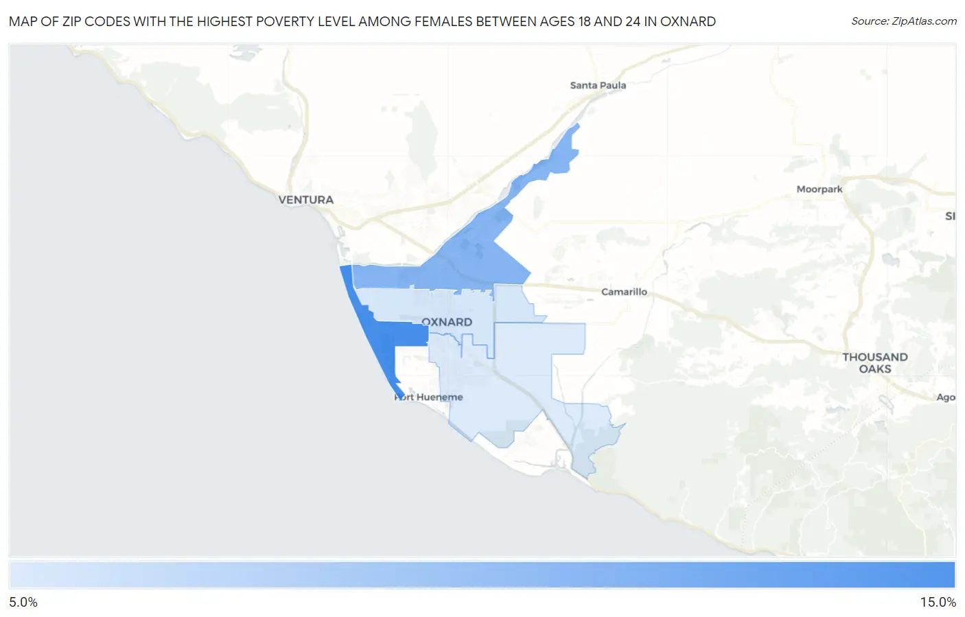 Zip Codes with the Highest Poverty Level Among Females Between Ages 18 and 24 in Oxnard Map