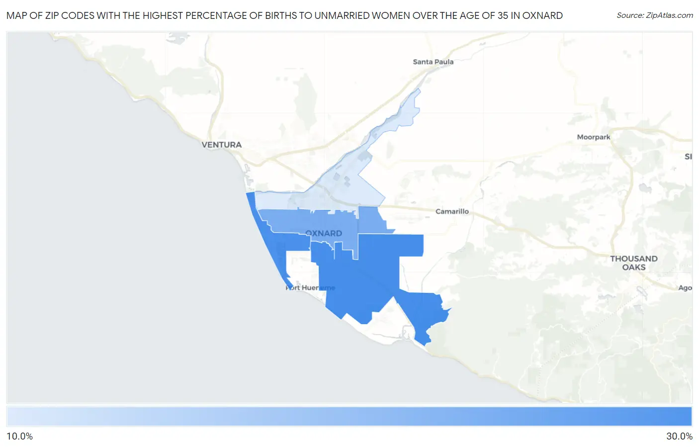 Zip Codes with the Highest Percentage of Births to Unmarried Women over the Age of 35 in Oxnard Map