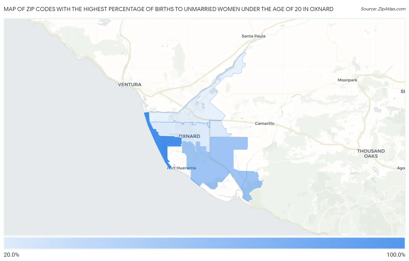 Zip Codes with the Highest Percentage of Births to Unmarried Women under the Age of 20 in Oxnard Map