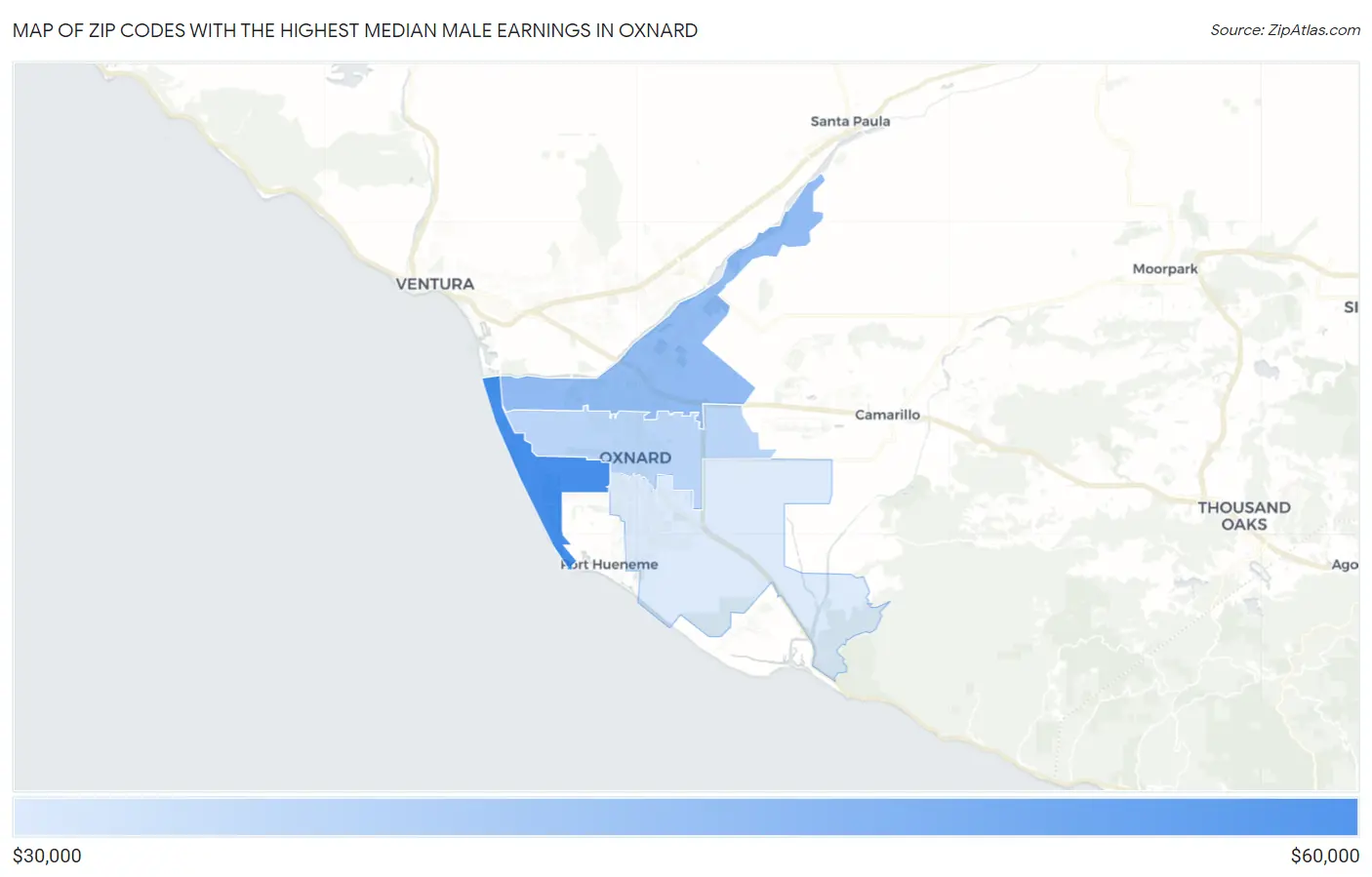 Zip Codes with the Highest Median Male Earnings in Oxnard Map