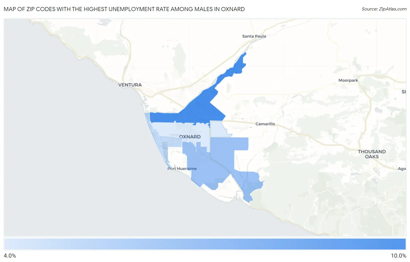 Zip Codes with the Highest Unemployment Rate Among Males in Oxnard Map