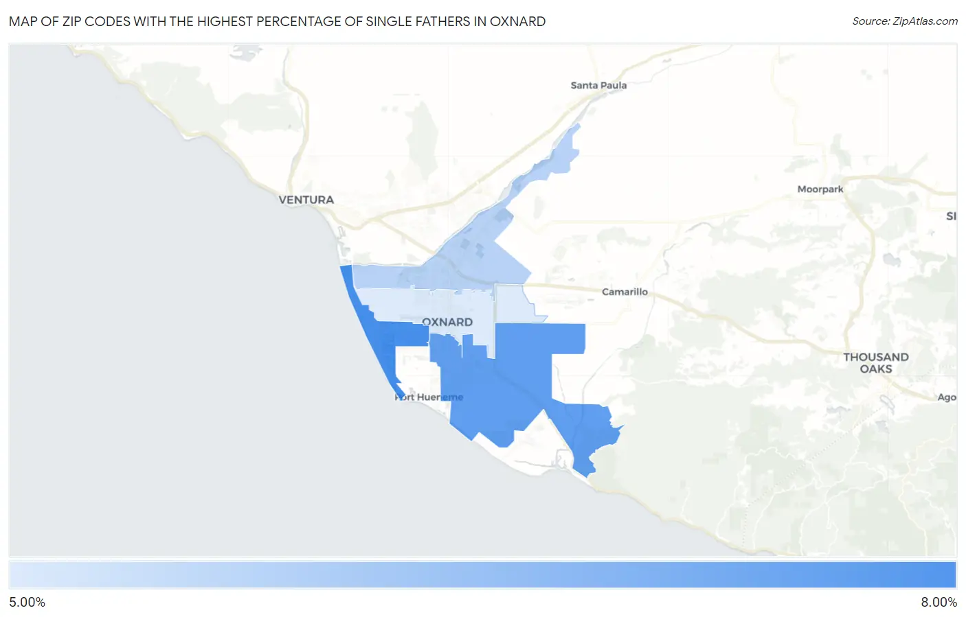 Zip Codes with the Highest Percentage of Single Fathers in Oxnard Map