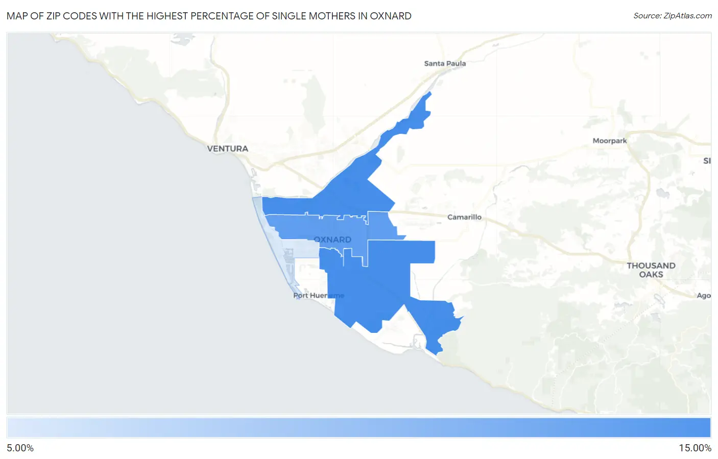 Zip Codes with the Highest Percentage of Single Mothers in Oxnard Map