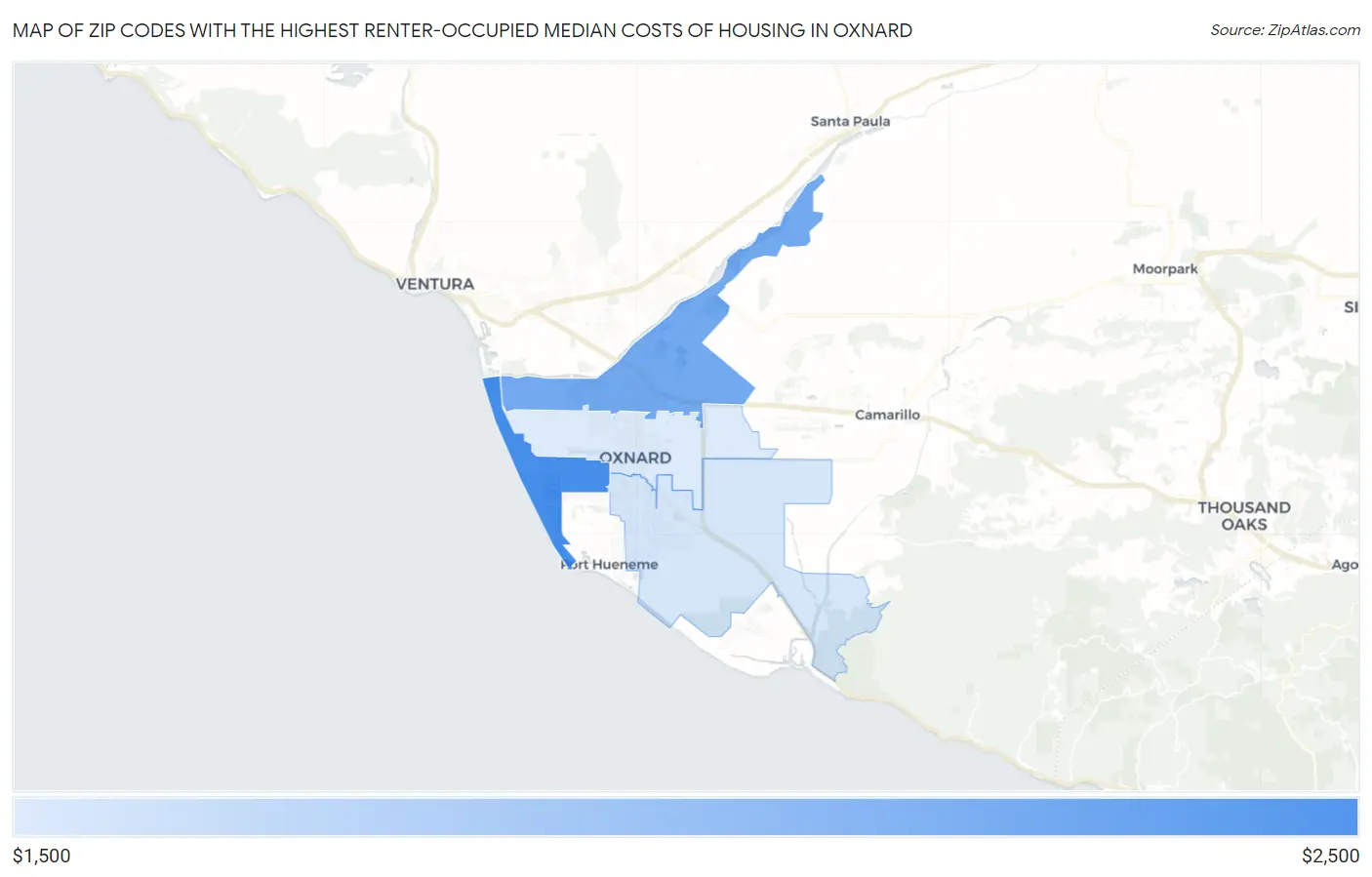 Zip Codes with the Highest Renter-Occupied Median Costs of Housing in Oxnard Map