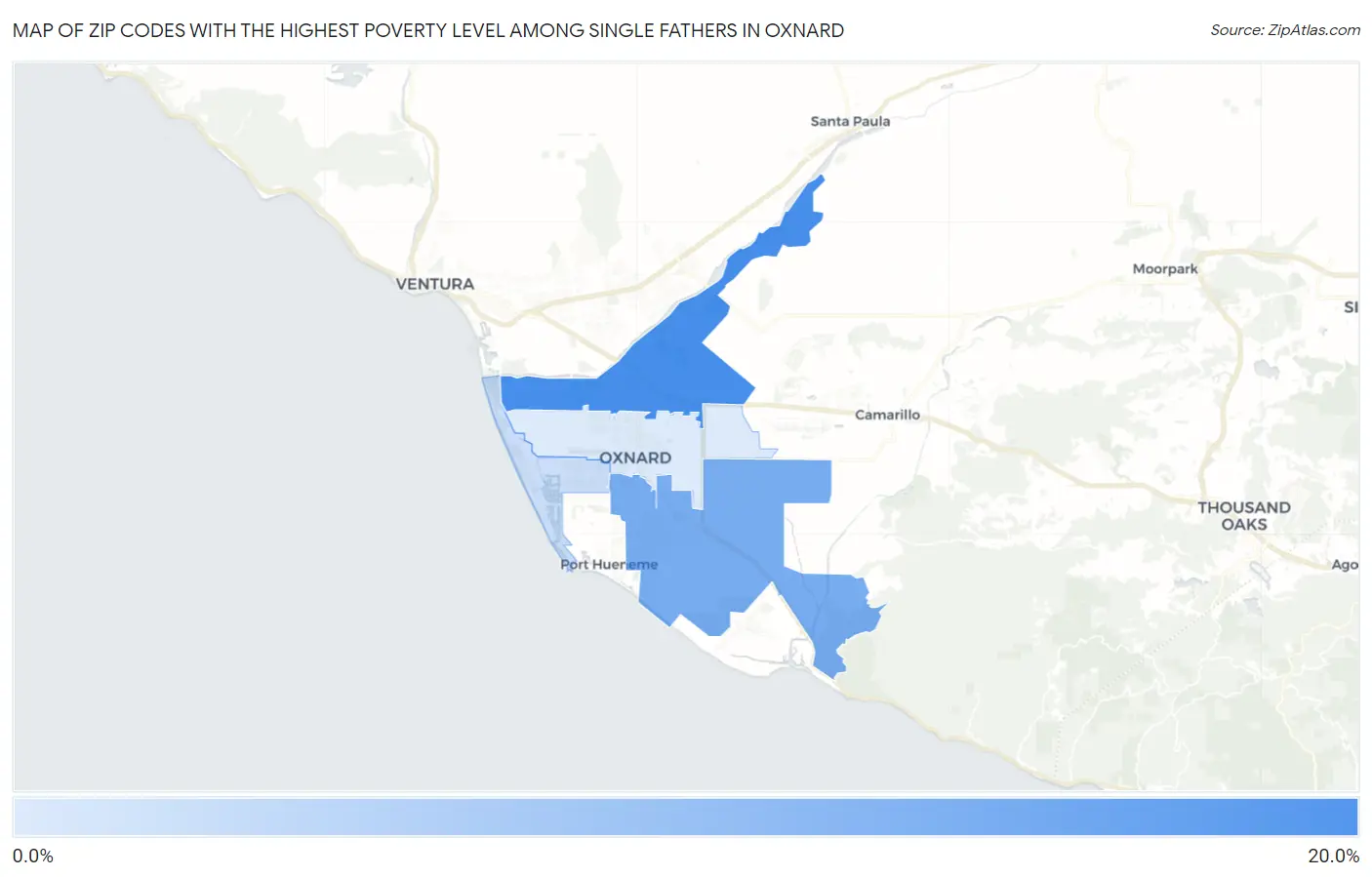 Zip Codes with the Highest Poverty Level Among Single Fathers in Oxnard Map