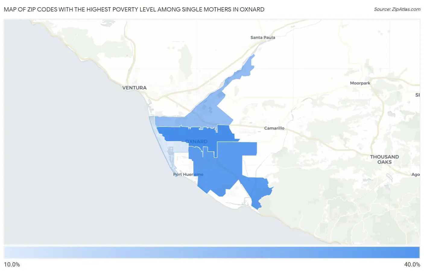 Zip Codes with the Highest Poverty Level Among Single Mothers in Oxnard Map