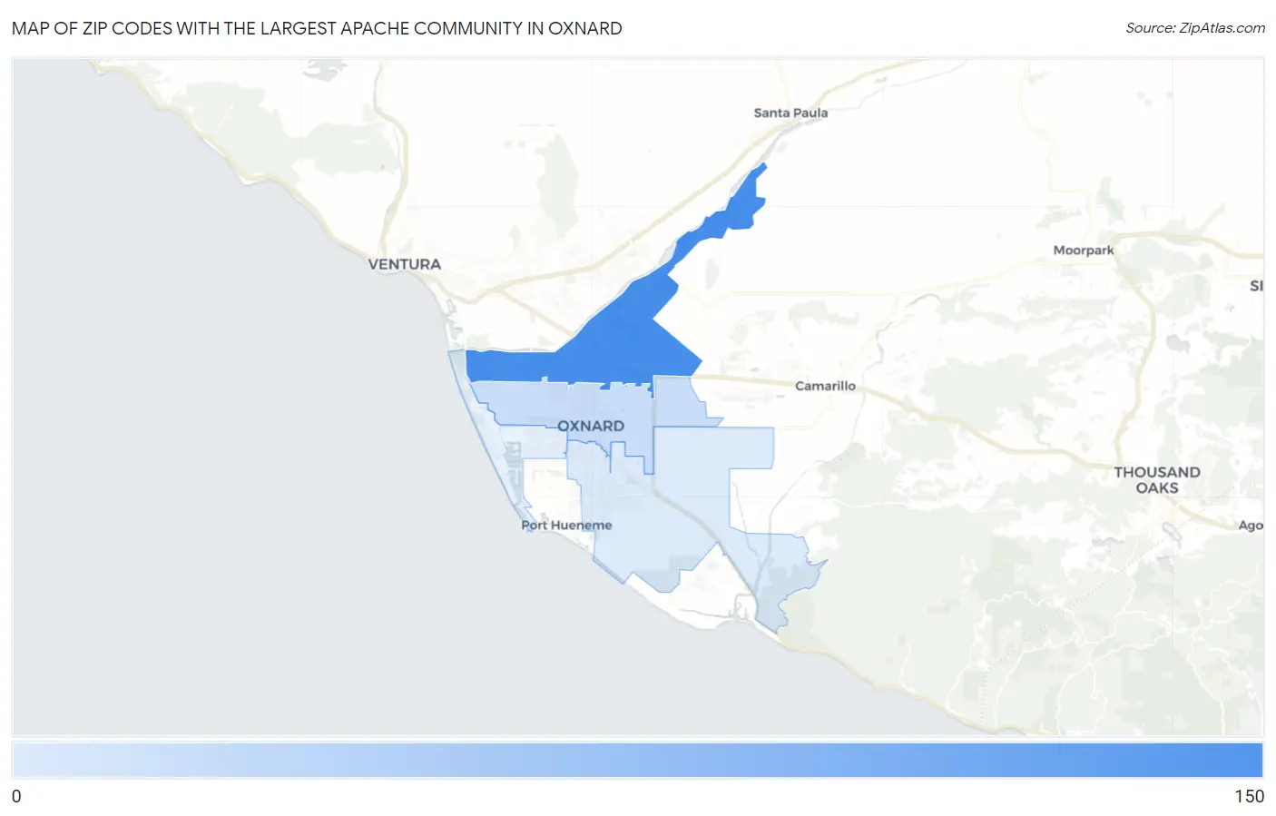 Zip Codes with the Largest Apache Community in Oxnard Map