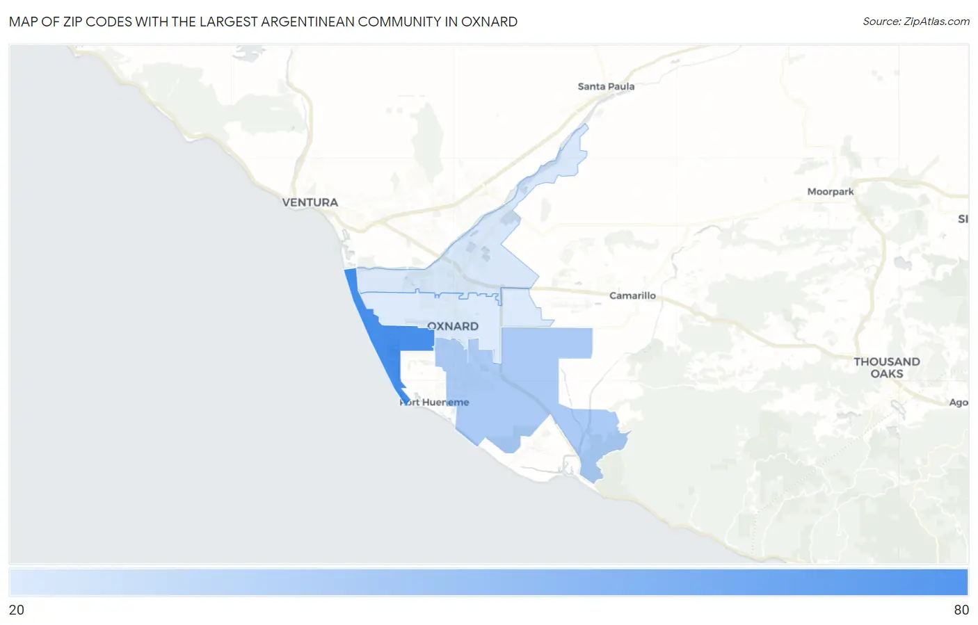 Zip Codes with the Largest Argentinean Community in Oxnard Map