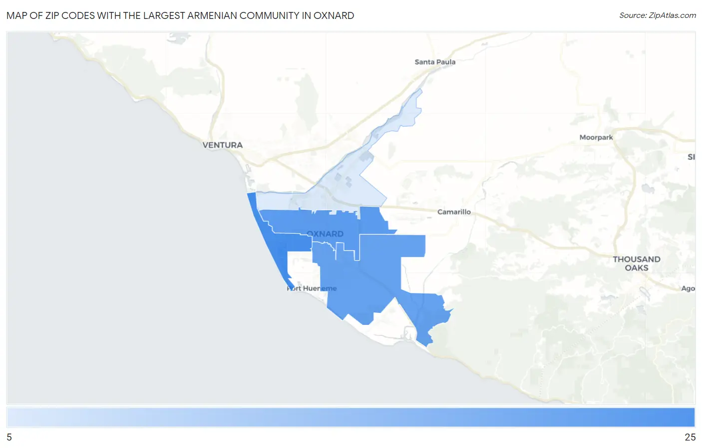 Zip Codes with the Largest Armenian Community in Oxnard Map