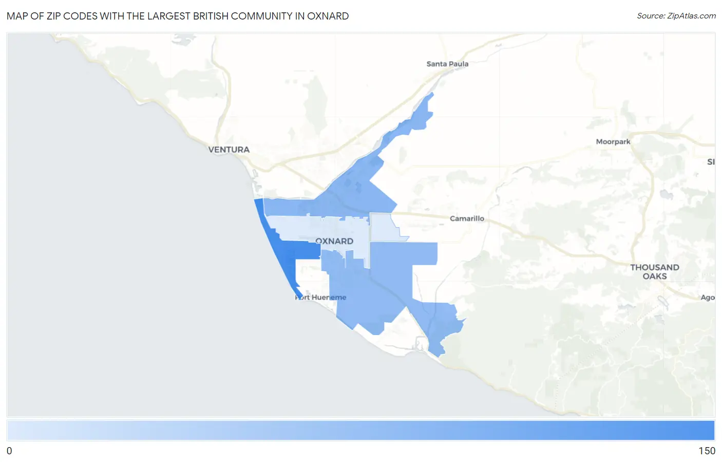 Zip Codes with the Largest British Community in Oxnard Map