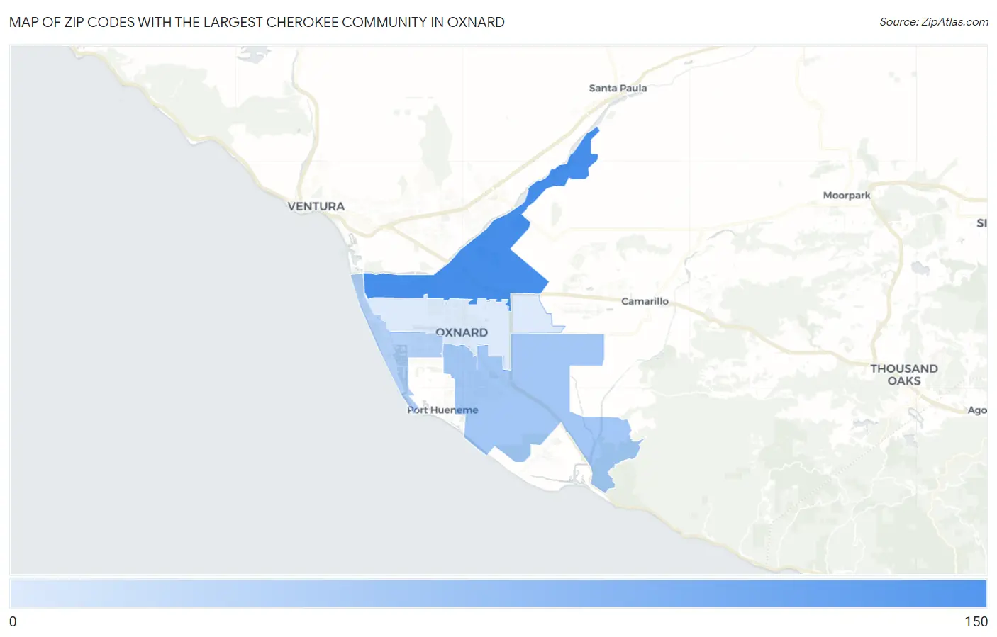 Zip Codes with the Largest Cherokee Community in Oxnard Map