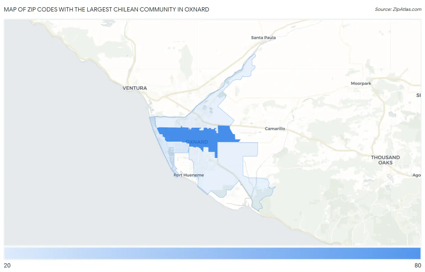 Zip Codes with the Largest Chilean Community in Oxnard Map