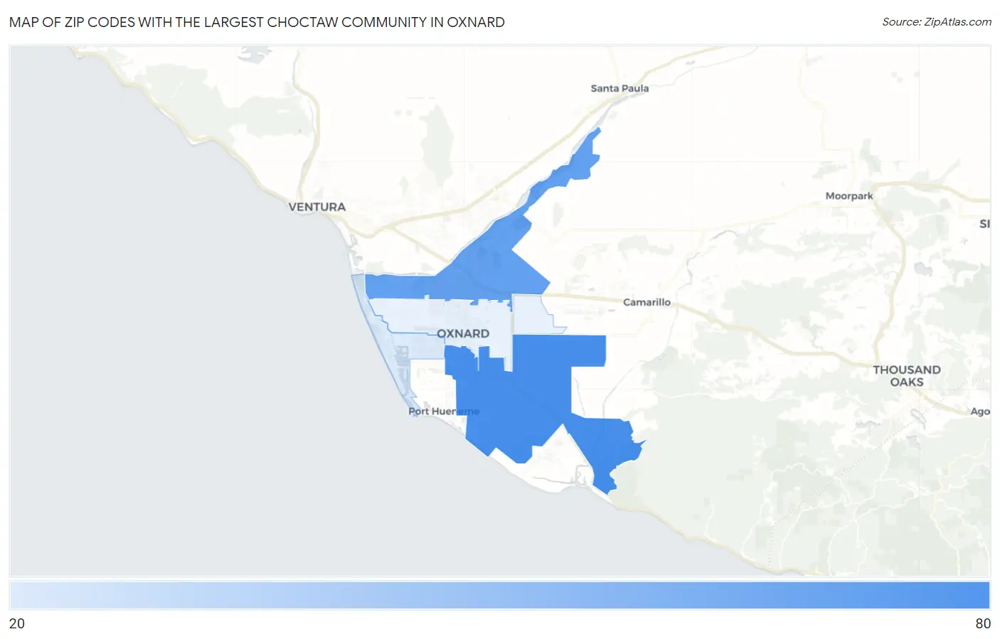 Zip Codes with the Largest Choctaw Community in Oxnard Map
