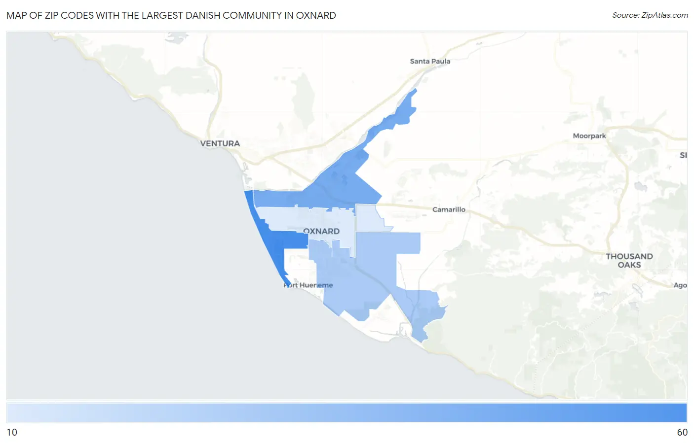 Zip Codes with the Largest Danish Community in Oxnard Map