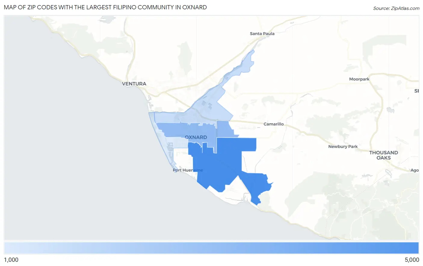 Zip Codes with the Largest Filipino Community in Oxnard Map