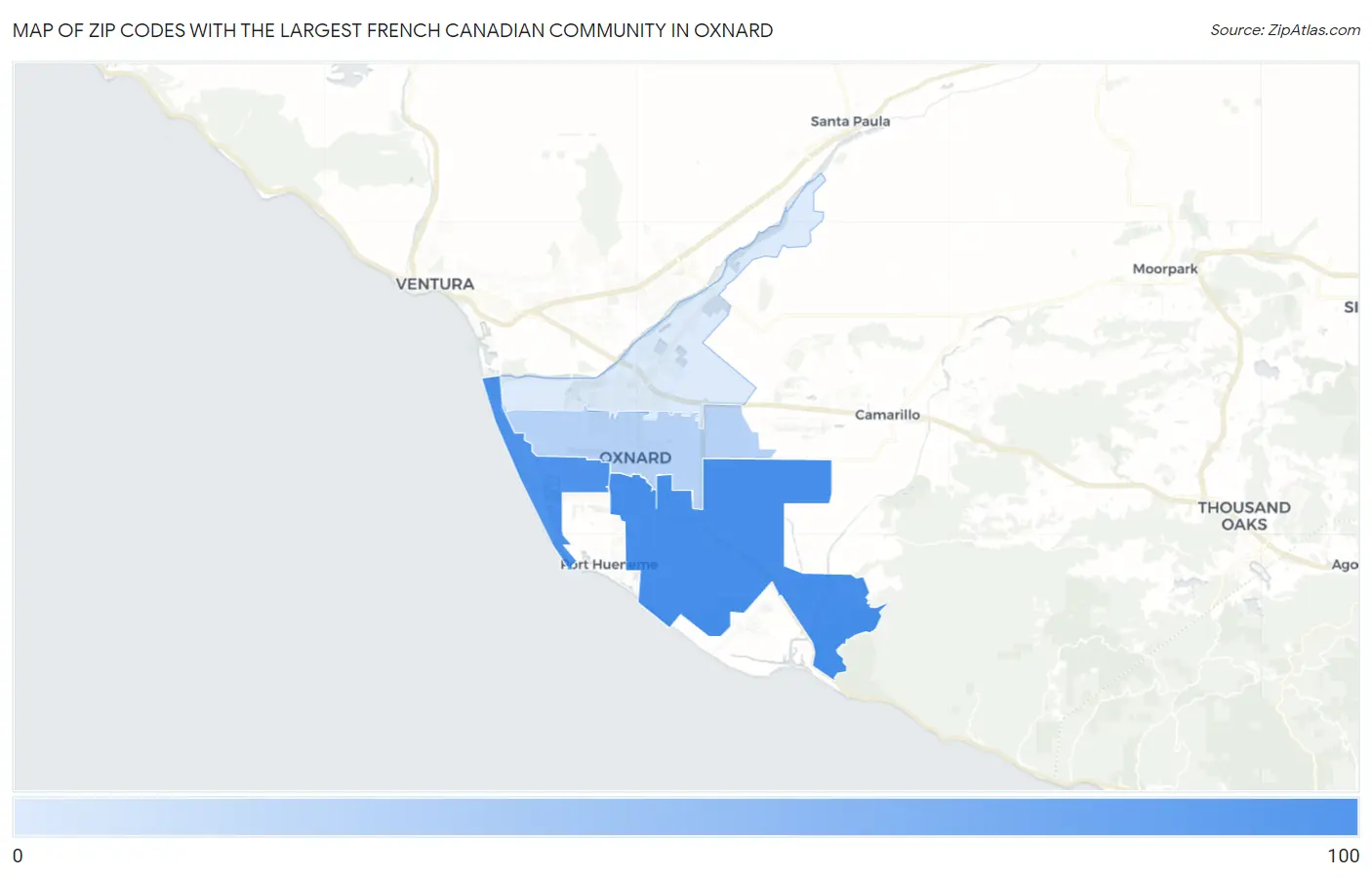 Zip Codes with the Largest French Canadian Community in Oxnard Map