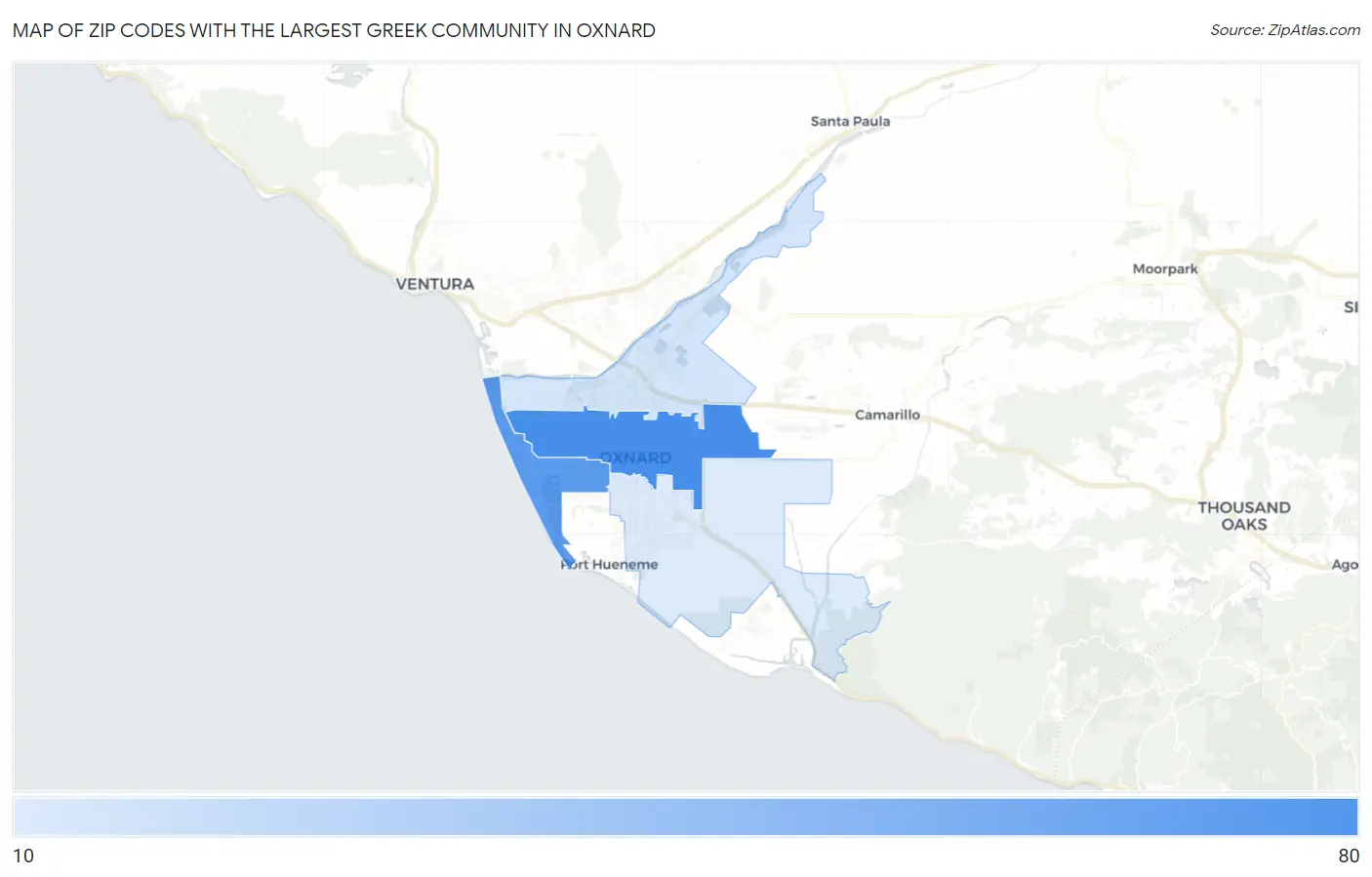 Zip Codes with the Largest Greek Community in Oxnard Map