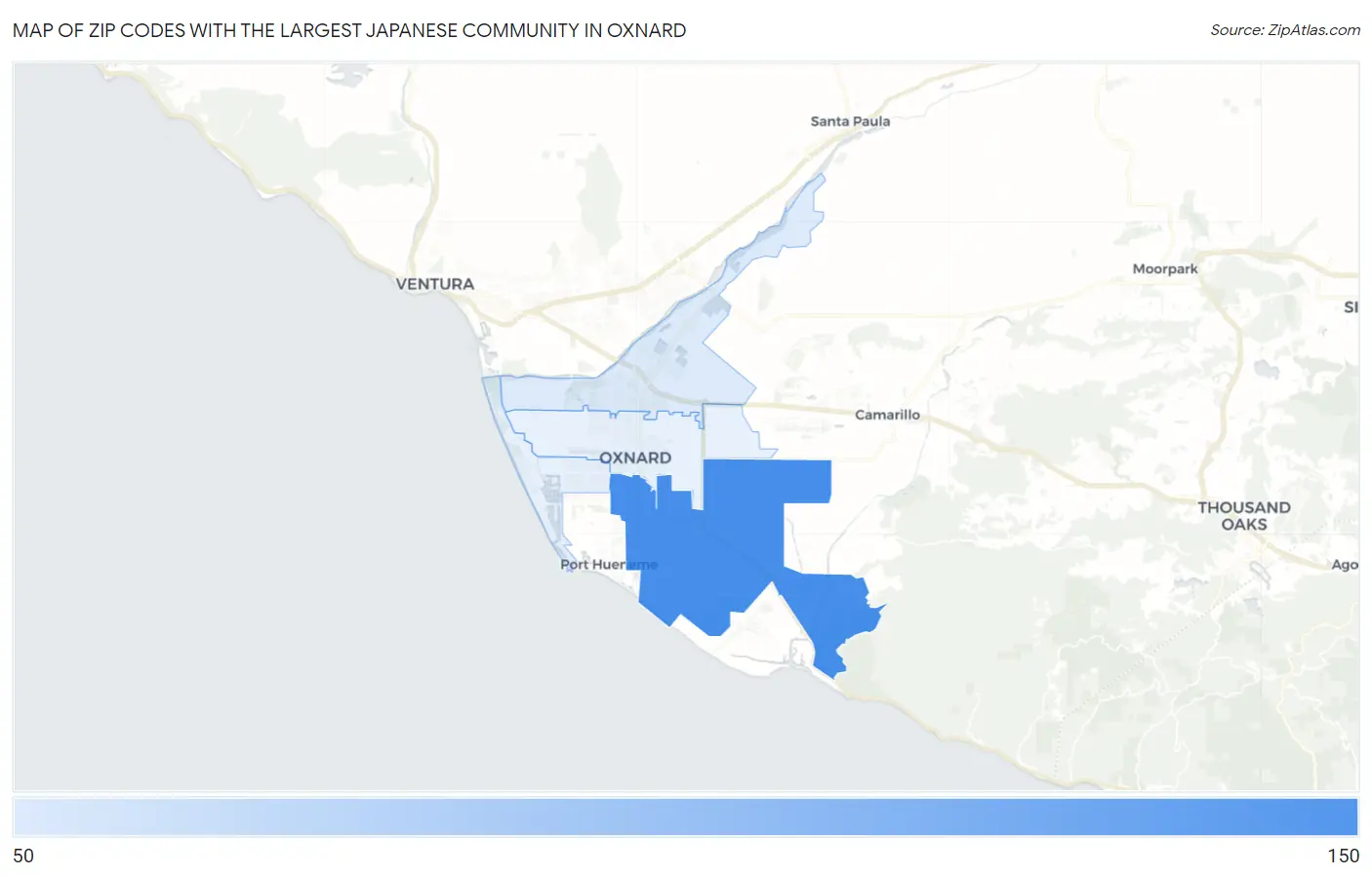 Zip Codes with the Largest Japanese Community in Oxnard Map