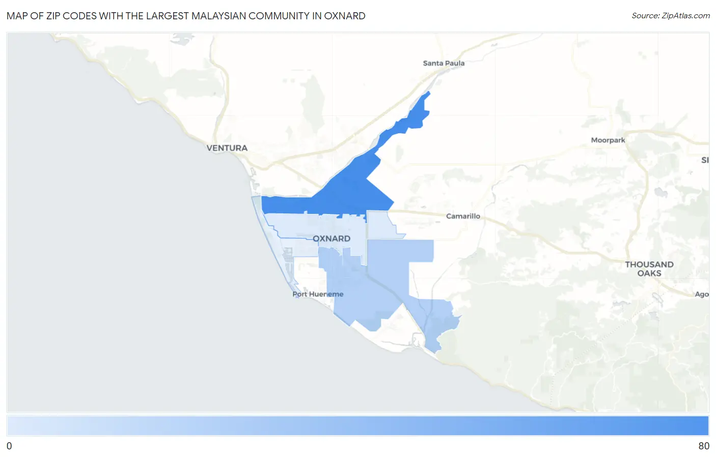 Zip Codes with the Largest Malaysian Community in Oxnard Map