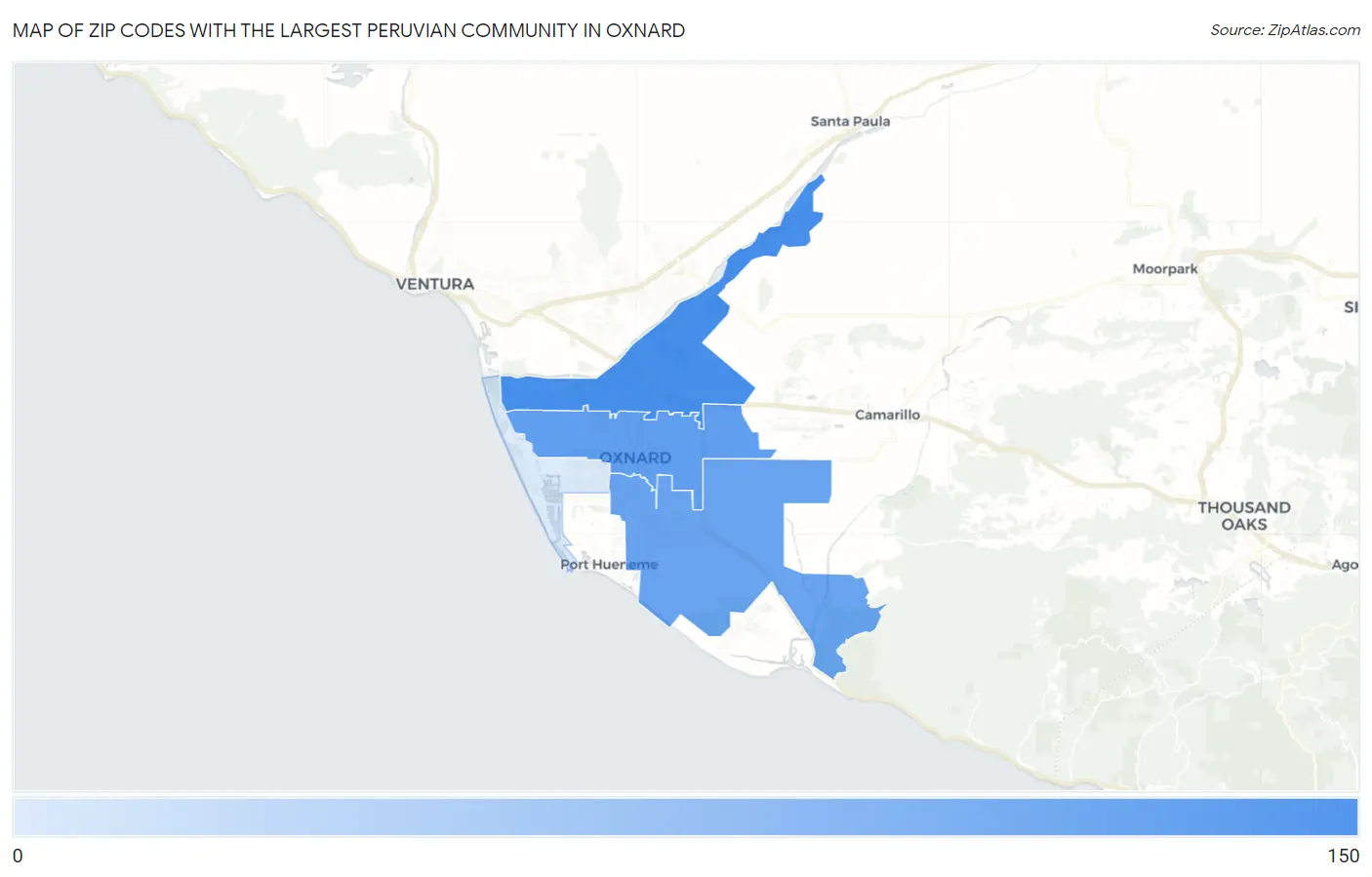 Zip Codes with the Largest Peruvian Community in Oxnard Map
