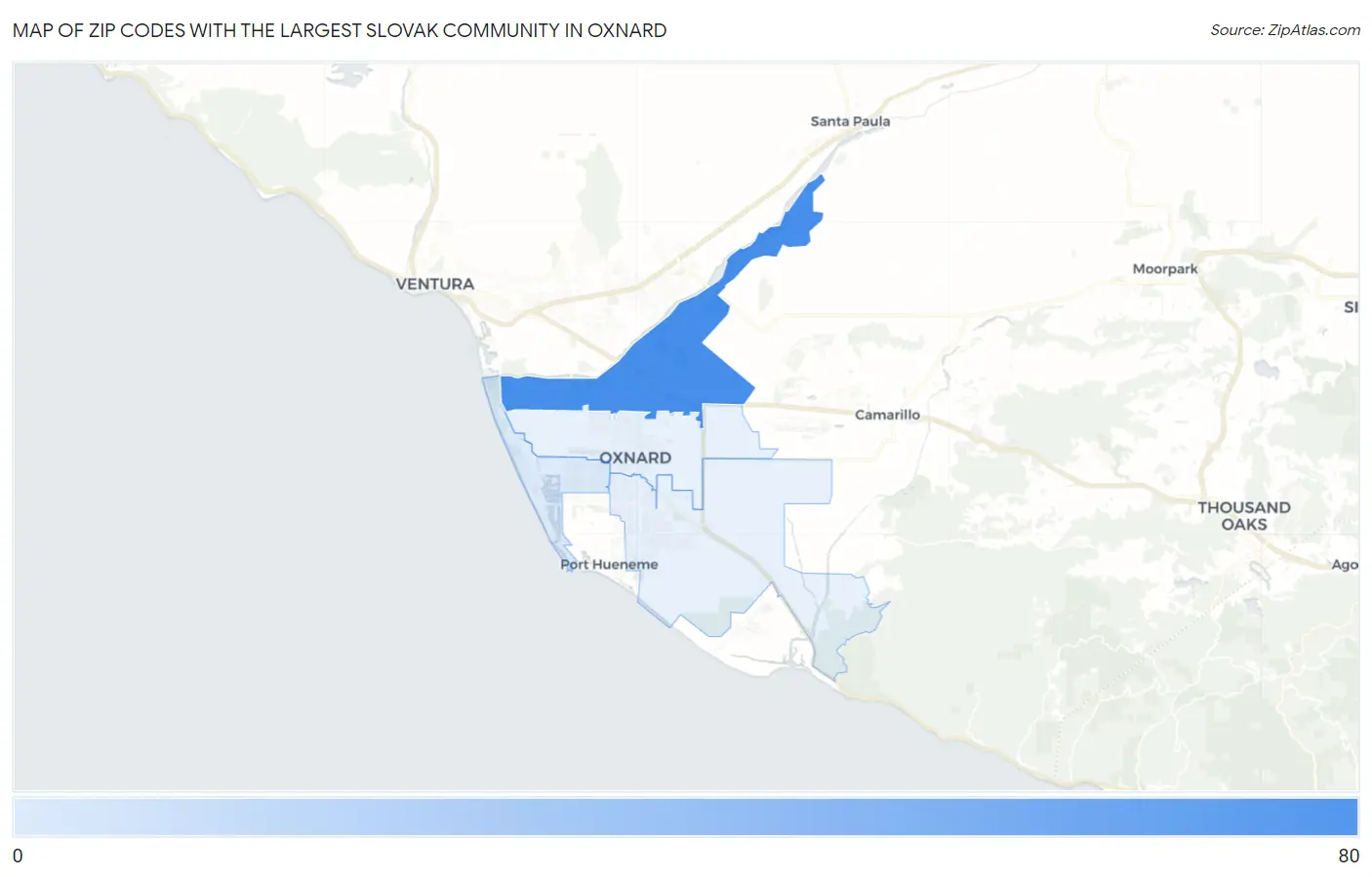 Zip Codes with the Largest Slovak Community in Oxnard Map