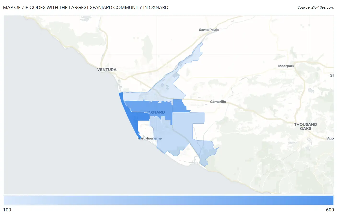 Zip Codes with the Largest Spaniard Community in Oxnard Map