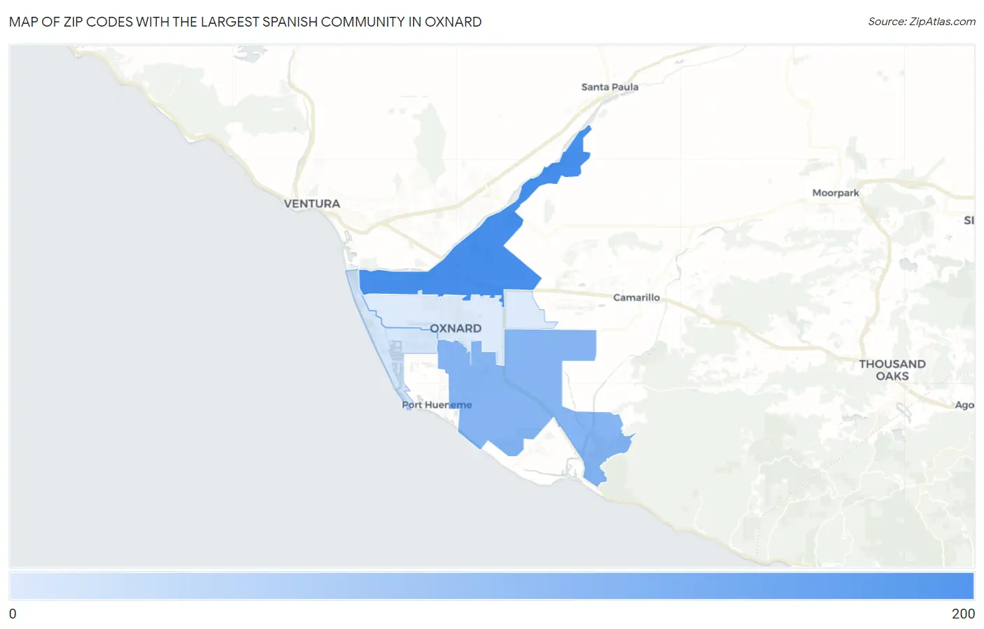 Zip Codes with the Largest Spanish Community in Oxnard Map