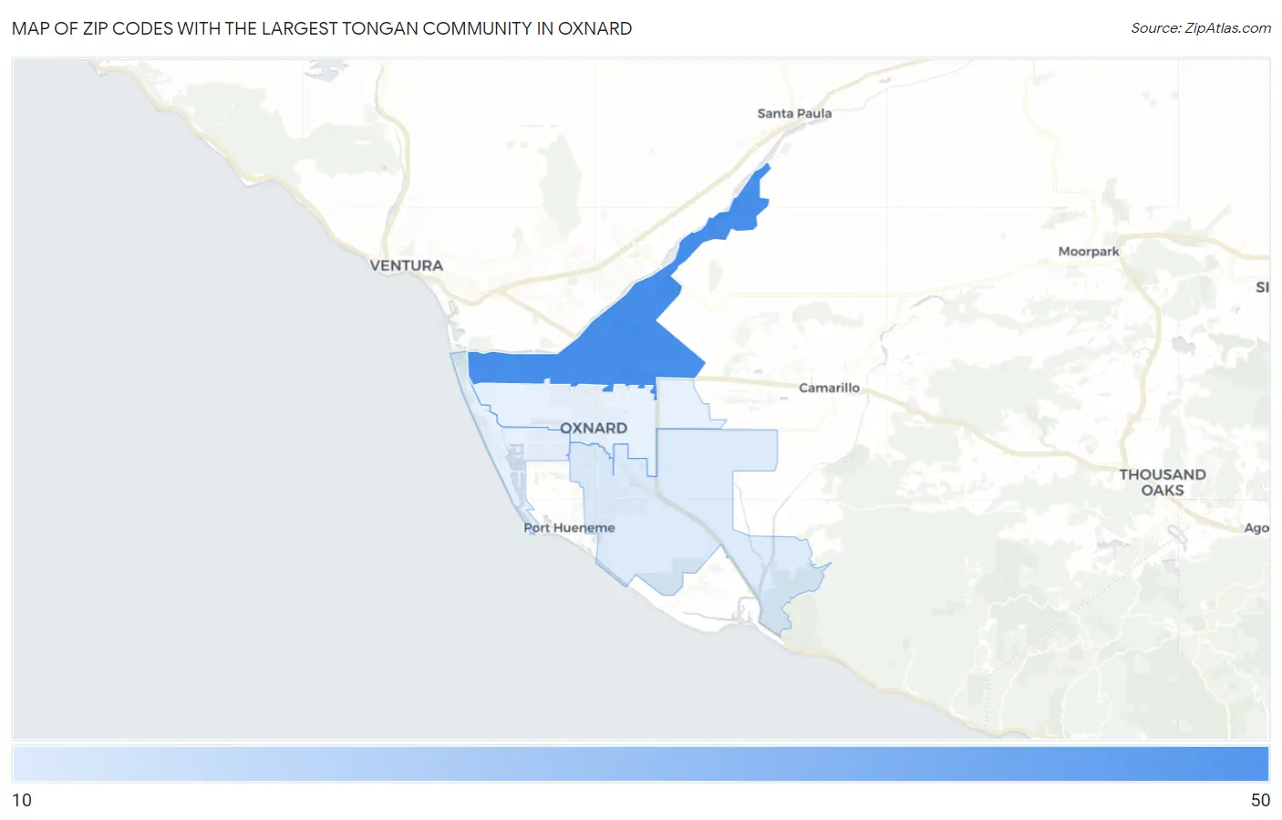 Zip Codes with the Largest Tongan Community in Oxnard Map