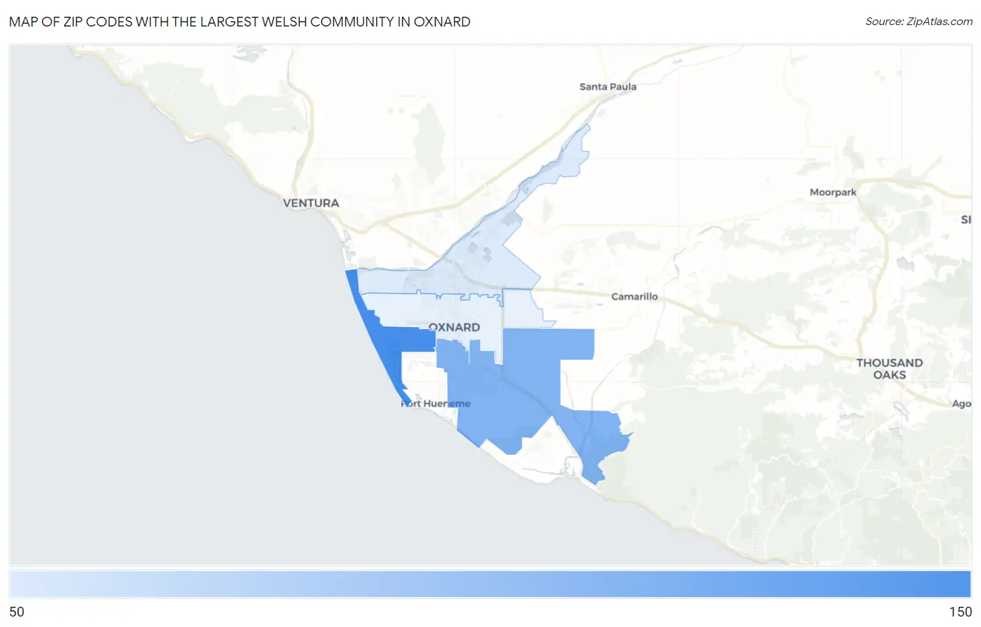 Zip Codes with the Largest Welsh Community in Oxnard Map