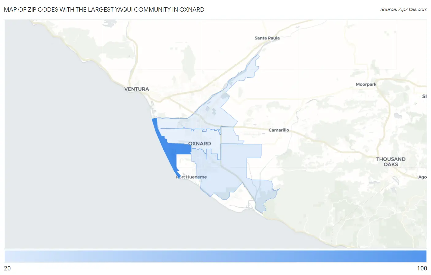 Zip Codes with the Largest Yaqui Community in Oxnard Map