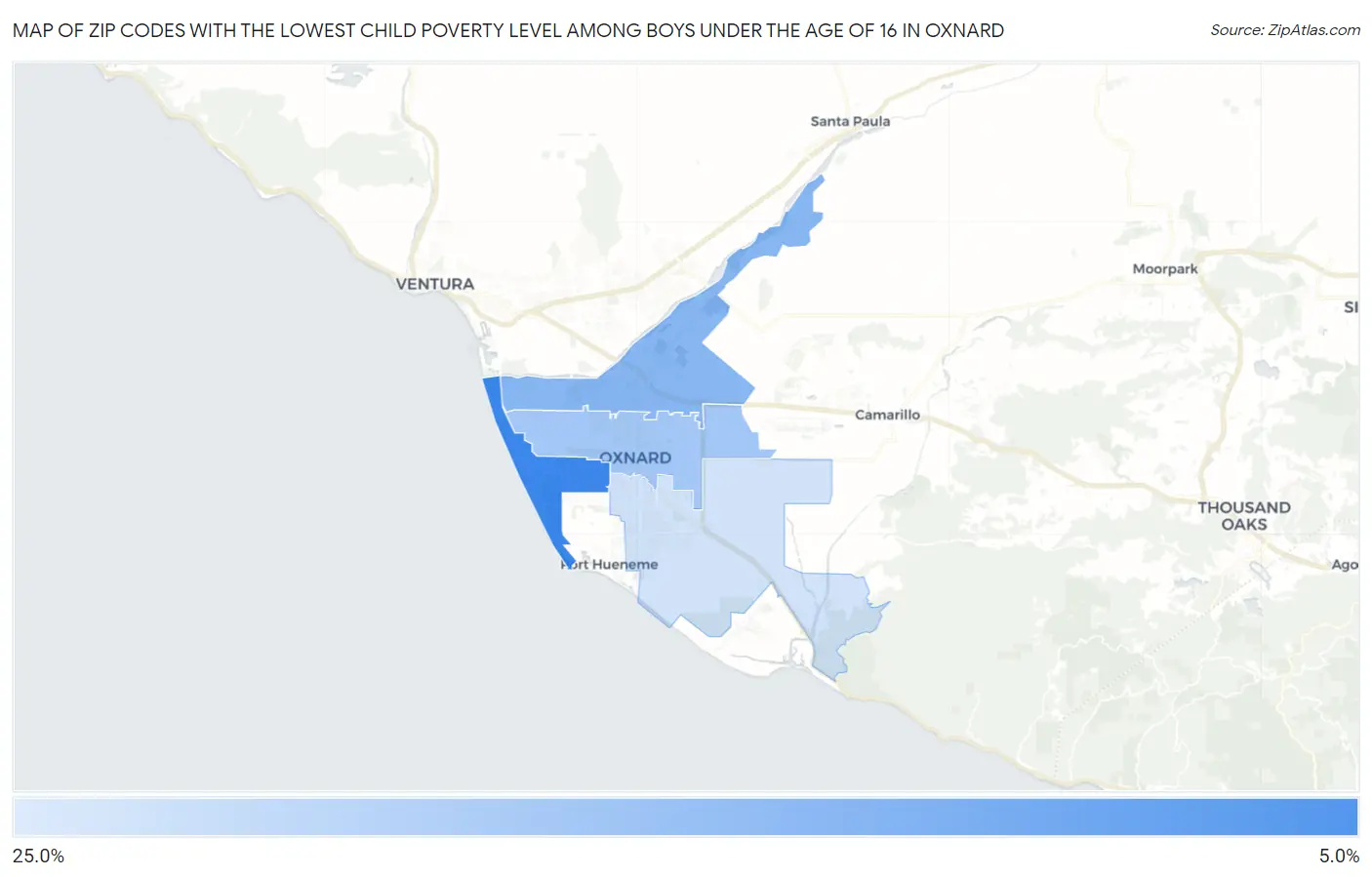 Zip Codes with the Lowest Child Poverty Level Among Boys Under the Age of 16 in Oxnard Map