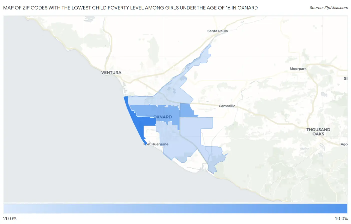 Zip Codes with the Lowest Child Poverty Level Among Girls Under the Age of 16 in Oxnard Map
