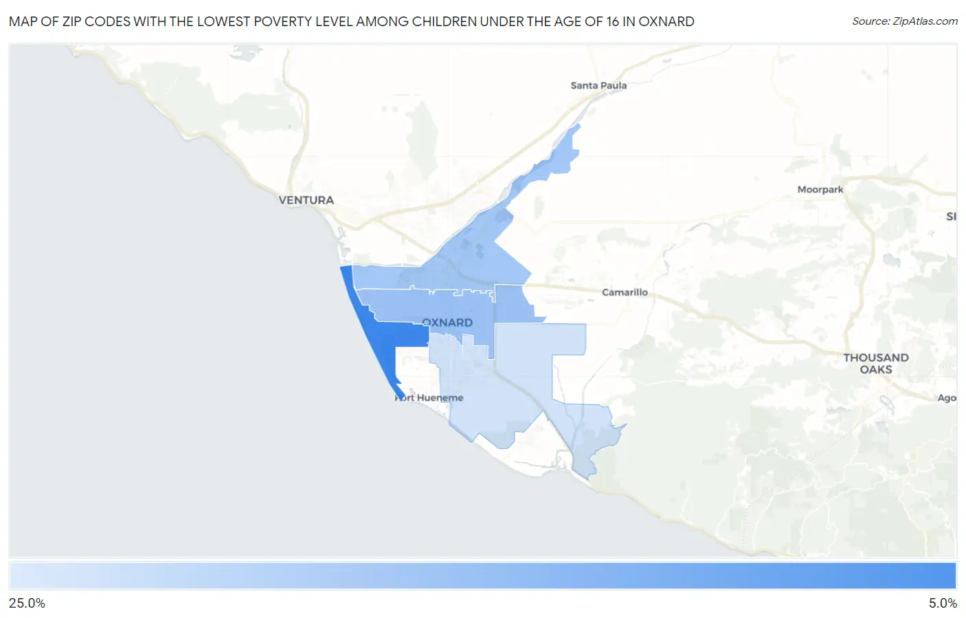 Zip Codes with the Lowest Poverty Level Among Children Under the Age of 16 in Oxnard Map
