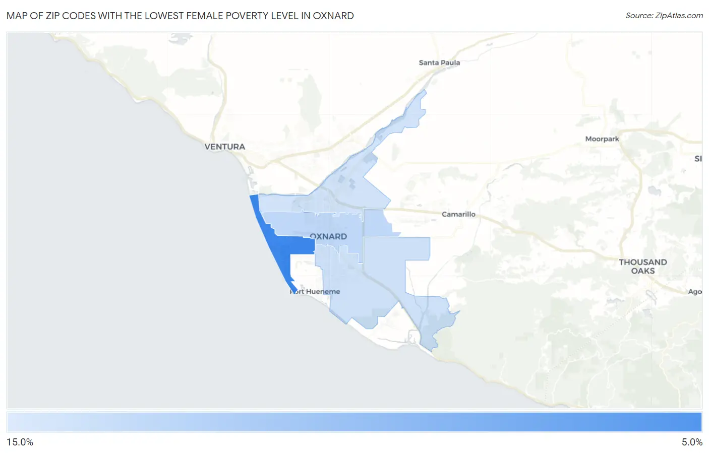 Zip Codes with the Lowest Female Poverty Level in Oxnard Map