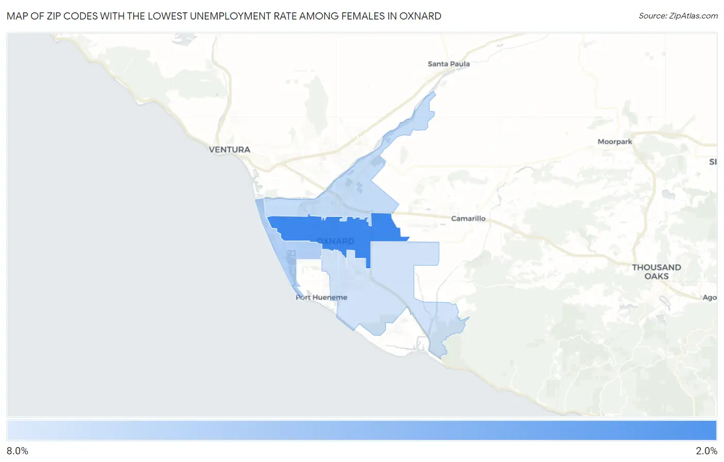 Zip Codes with the Lowest Unemployment Rate Among Females in Oxnard Map