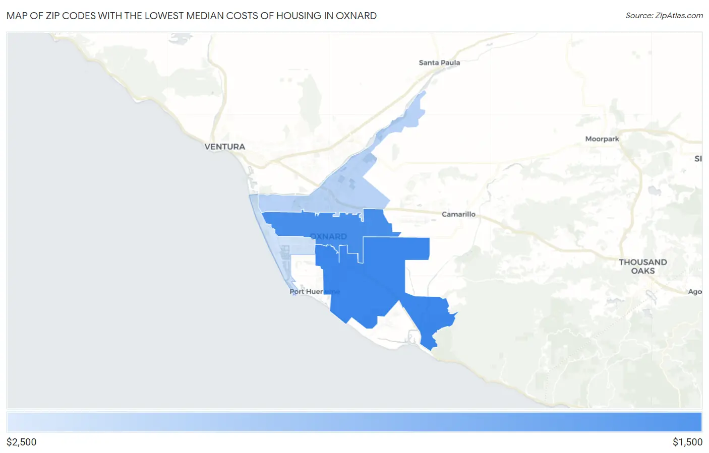 Zip Codes with the Lowest Median Costs of Housing in Oxnard Map