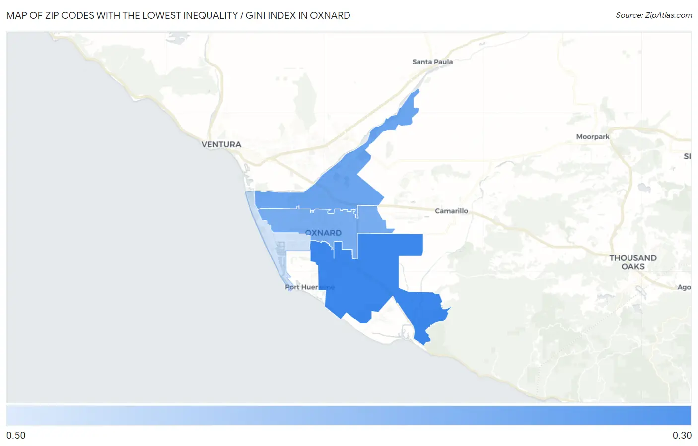Zip Codes with the Lowest Inequality / Gini Index in Oxnard Map